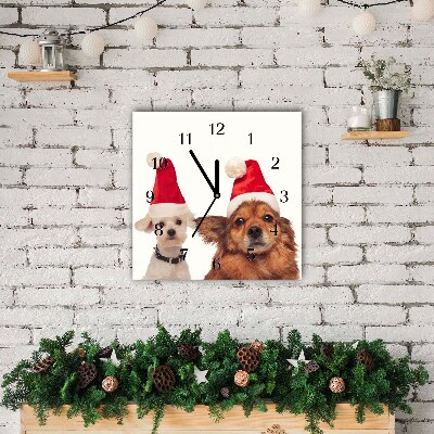 Glass Wall Clock Square Dogs Santa Claus Christmas