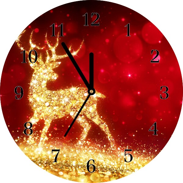 Glass Kitchen Clock Round Golden Reindeer Christmas Decoration
