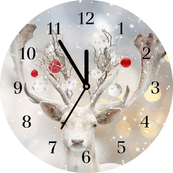 Glass Wall Clock Round White Reindeer Christmas Baubles