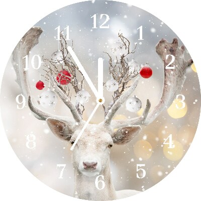 Glass Wall Clock Round White Reindeer Christmas Baubles