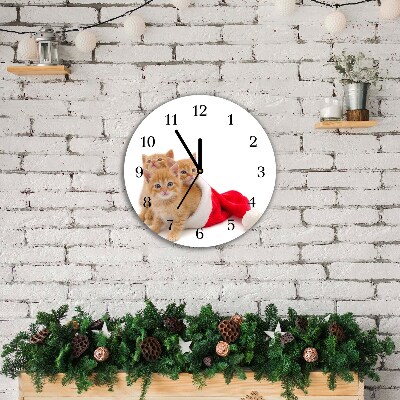 Glass Wall Clock Round Cats Christmas Santa Claus