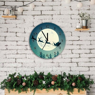 Glass Wall Clock Round Santa Claus Sleigh Christmas