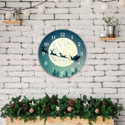 Glass Wall Clock Round Santa Claus Sleigh Christmas