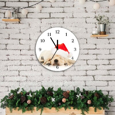 Glass Wall Clock Round Puppy Santa Hat Winter