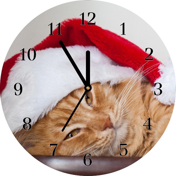 Glass Kitchen Clock Round Cat Santa Hat Christmas