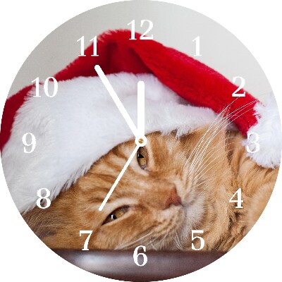 Glass Kitchen Clock Round Cat Santa Hat Christmas
